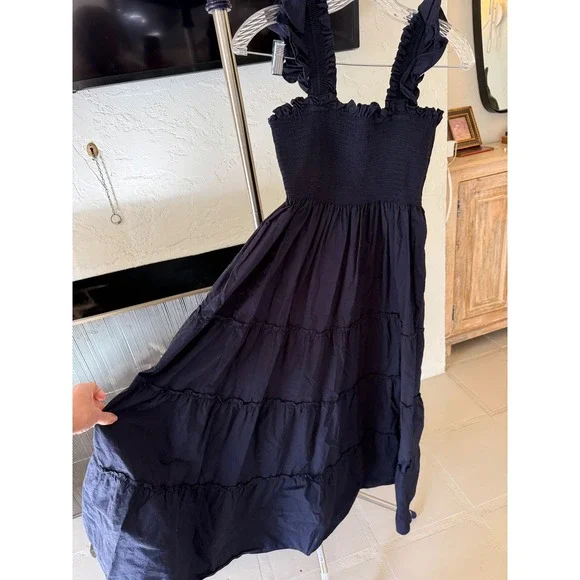 Quince Navy Blue Organic Cotton Smocked Tiered Maxi Dress Ruffle Strap XL - Picture 4 of 9